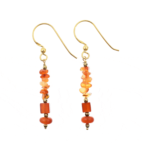 Handmade earrings made of gold plated sterling silver with natural carnelian gemstones in grommet, irregular & square shape and pyrite in spherical shape respectively. Buy online shop.