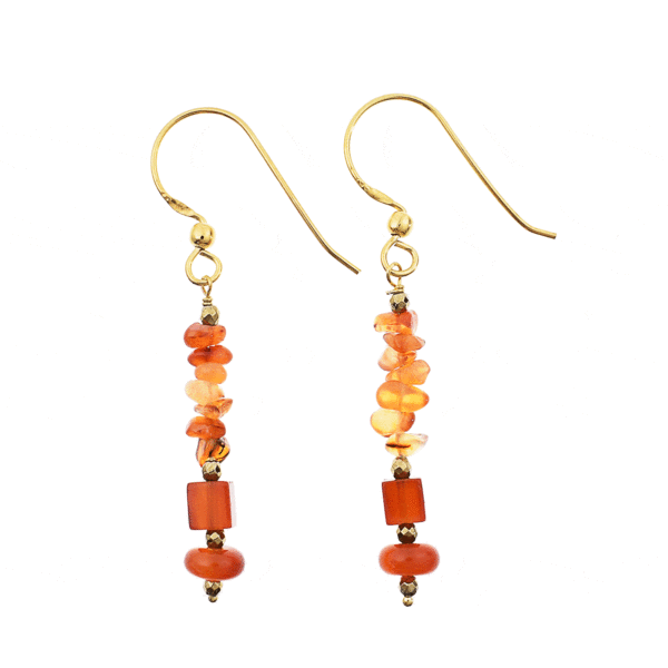 Handmade earrings made of gold plated sterling silver with natural carnelian gemstones in grommet, irregular & square shape and pyrite in spherical shape respectively. Buy online shop.