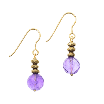Handmade earrings made of natural amethyst and pyrite gemstones, decorated with gold plated silver elements 925. Buy online shop.