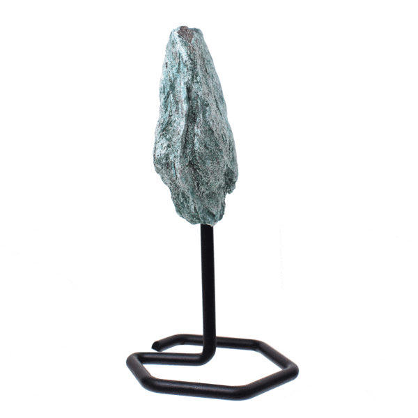 Raw piece of natural fuchsite gemstone,embedded into a black, metallic base. The product has a height of 13cm. Buy online shop.