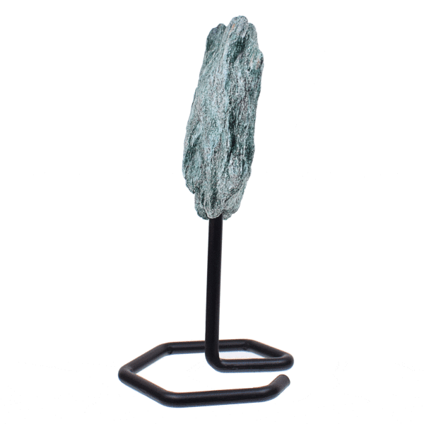 Raw piece of natural fuchsite gemstone,embedded into a black, metallic base. The product has a height of 13cm. Buy online shop.