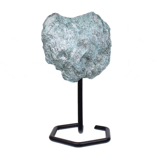 Raw piece of natural fuchsite gemstone,embedded into a black, metallic base. The product has a height of 13cm. Buy online shop.