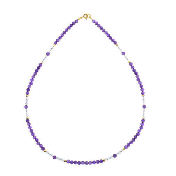Handmade necklace made of natural, faceted amethyst and blue topaz gemstones, in a spherical shape. The necklace has a clasp and decorative elements made from gold plated sterling silver. Buy online shop.