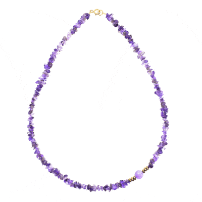 Handmade necklace made of natural amethyst and pyrite gemstones. The necklace is decorated with gold plated sterling silver elements. Buy online shop.