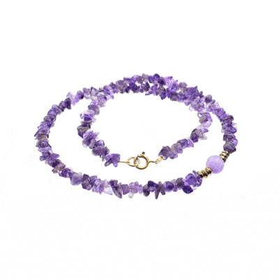 Handmade necklace made of natural amethyst and pyrite gemstones. The necklace is decorated with gold plated sterling silver elements. Buy online shop.