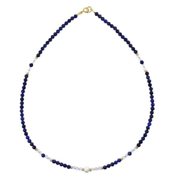 Handmade necklace made of natural, faceted lapis lazuli and blue topaz gemstones, in a spherical shape. The necklace has a pearl on its center and gold plated sterling silver decorative elements. Buy online shop.