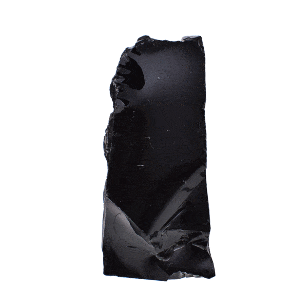 Ακατέργαστο κομμάτι φυσικής πέτρας Οψιδιανού με μία γυαλισμένη πλευρά, ύψους 19cm. Αγοράστε online shop.