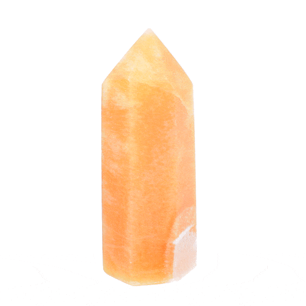 Polished 10.5cm point made from natural orange calcite gemstone. Buy online shop.