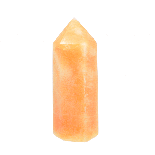 Polished 10.5cm point made from natural orange calcite gemstone. Buy online shop.