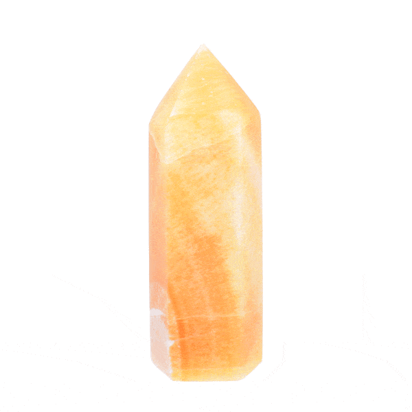 Polished 10.5cm point made from natural orange calcite gemstone. Buy online shop.