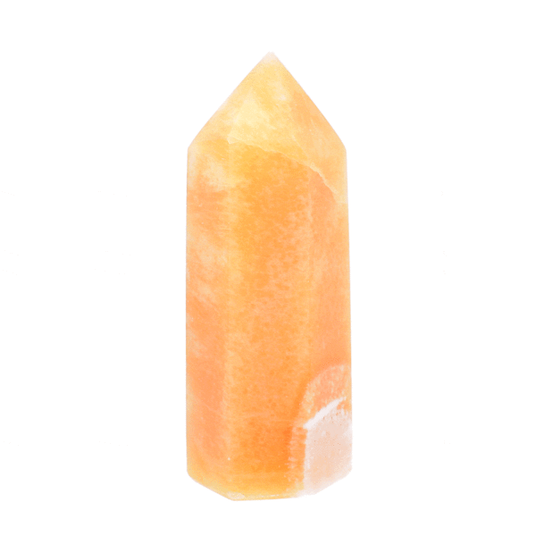 Polished 10.5cm point made from natural orange calcite gemstone. Buy online shop.