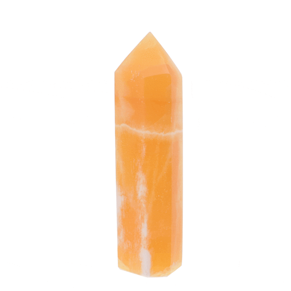 Polished 8.5cm point made from natural orange calcite gemstone. Buy online shop.