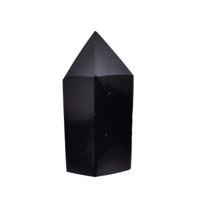 *Polished 8.5cm point made from natural obsidian gemstone. Its deep black shine adds dynamism and elegance to any space.