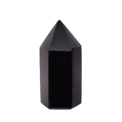 *Polished 8.5cm point made from natural obsidian gemstone. Its deep black shine adds dynamism and elegance to any space.