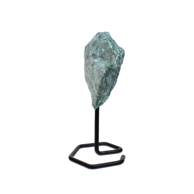 Raw chunk of natural fuchsite gemstone,embedded into a black, metallic base. The product has a height of 14cm. 