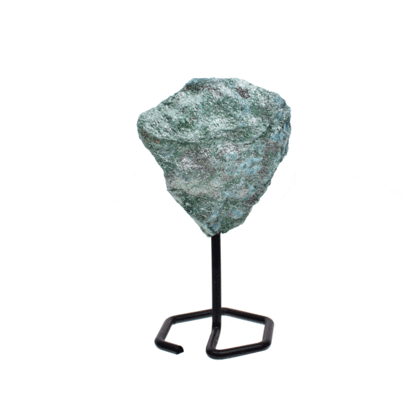 Raw chunk of natural fuchsite gemstone,embedded into a black, metallic base. The product has a height of 14cm. 