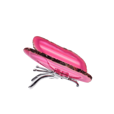 Butterfly with silver plated metallic body and wings made from polished slices of natural Agate gemstone of a pink colour. The butterfly has a size of 10cm. 