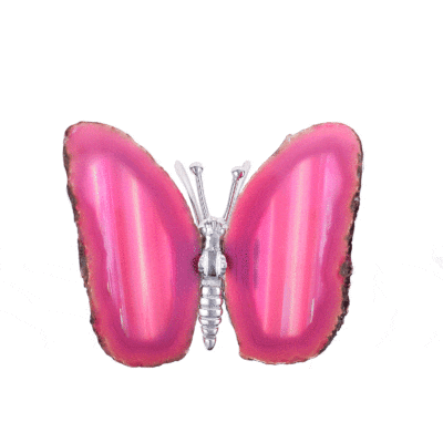 Butterfly with silver plated metallic body and wings made from polished slices of natural Agate gemstone of a pink colour. The butterfly has a size of 10cm. 