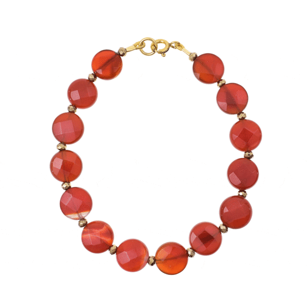 Handmade bracelet made of natural faceted carnelian and pyrite gemstones. The bracelet has a gold plated silver 925 clasp. Buy online shop.