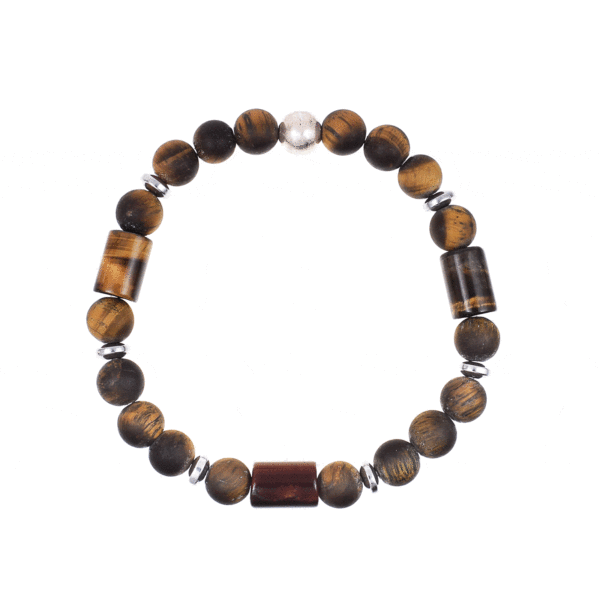 Handmade bracelet with natural tiger's eye and hematite gemstones, threaded on a special elastic. The bracelet is decorated with sterling silver elements. Buy online shop.