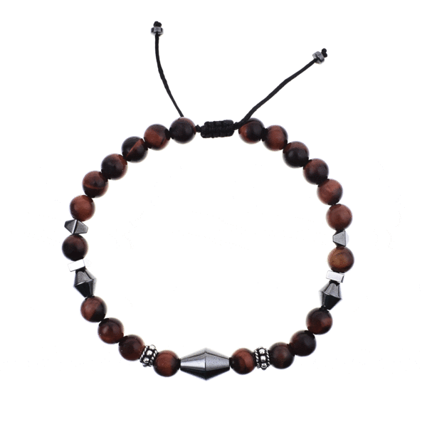 Handmade macrame bracelet with natural red tiger's eye and hematite gemstones, threaded on a black string. The bracelet is decorated with sterling silver elements. Buy online shop.