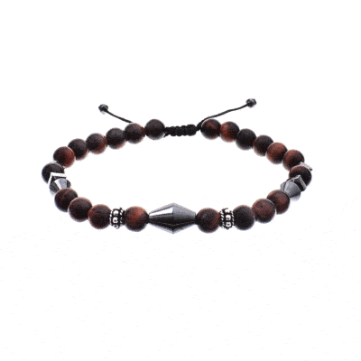 Handmade macrame bracelet with natural red tiger's eye and hematite gemstones, threaded on a black string. The bracelet is decorated with sterling silver elements. Buy online shop.