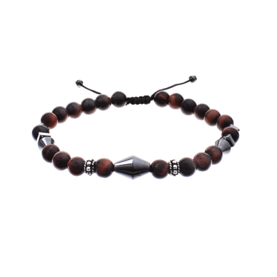 Handmade macrame bracelet with natural red tiger's eye and hematite gemstones, threaded on a black string. The bracelet is decorated with sterling silver elements. Buy online shop.