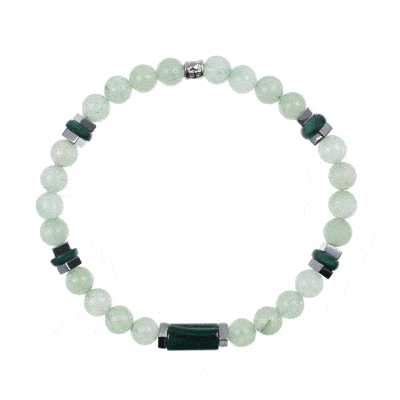 Handmade bracelet with natural aventurine, malachite and hematite gemstones, threaded on a special elastic. The bracelet is decorated with sterling silver elements. Buy online shop.