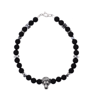 Handmade bracelet with natural black tourmaline and hematite gemstones with a silver lion in the center. The bracelet has a clasp and decorative elements made of sterling silver. Buy online shop.