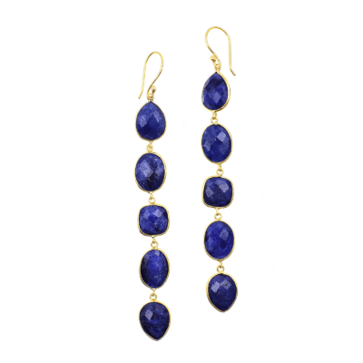 Handmade long gold plated sterling silver earrings with natural lapis lazuli gemstones in teardrop, oval & square shape. Buy online shop.