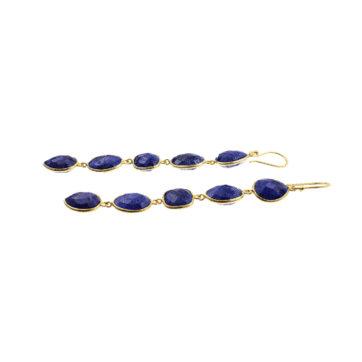 Handmade long gold plated sterling silver earrings with natural lapis lazuli gemstones in teardrop, oval & square shape. Buy online shop.