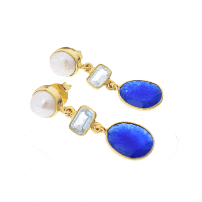 Handmade long earrings made of gold plated silver 925 and natural Pearl in round shape, Blue Topaz and Blue Agate in rectangle & oval shape respectively. Buy online shop.