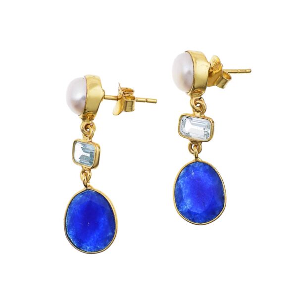 Handmade long earrings made of gold plated silver 925 and natural Pearl in round shape, Blue Topaz and Blue Agate in rectangle & oval shape respectively. Buy online shop.