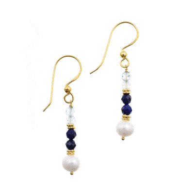 Handmade earrings made of gold plated sterling silver and natural, faceted, spherical shaped lapis lazuli and blue topaz gemstones, as well as a natural pearl in the end point. Buy online shop.