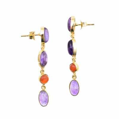 Handmade long earrings made of gold plated silver 925 and natural amethyst and carnelian gemstones in oval and round shape respectively.  Buy online shop.