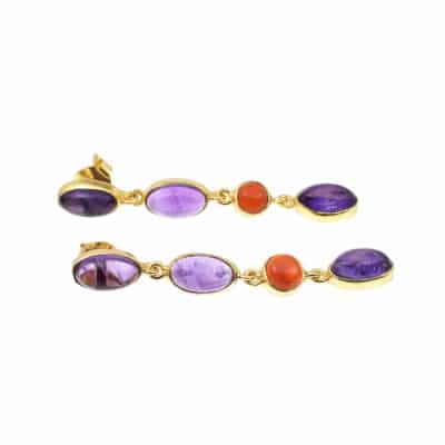 Handmade long earrings made of gold plated silver 925 and natural amethyst and carnelian gemstones in oval and round shape respectively.  Buy online shop.