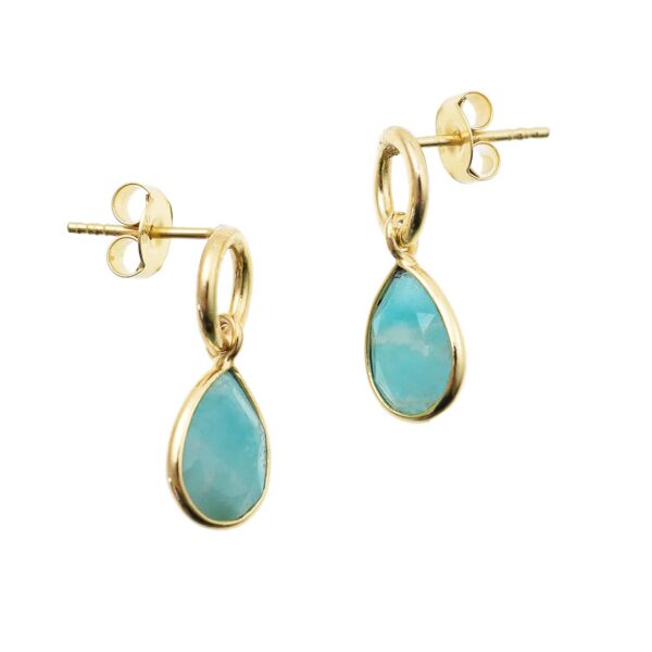 Handmade earrings made of gold plated sterling silver and natural faceted amazonite gemstone in a teardrop shape. Buy online shop.