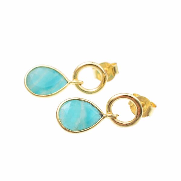 Handmade earrings made of gold plated sterling silver and natural faceted amazonite gemstone in a teardrop shape. Buy online shop.