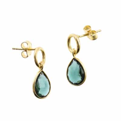 Handmade earrings made of gold plated sterling silver and natural faceted green agate gemstone in a teardrop shape. Buy online shop.