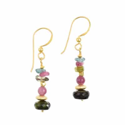 Handmade earrings made of gold plated sterling silver and natural tourmaline gemstones in different colors.Buy online shop.