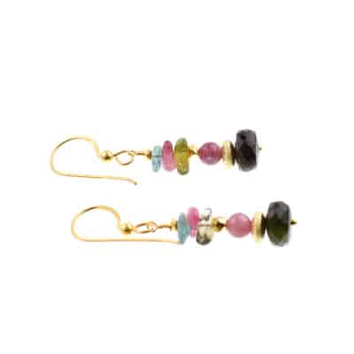Handmade earrings made of gold plated sterling silver and natural tourmaline gemstones in different colors.Buy online shop.