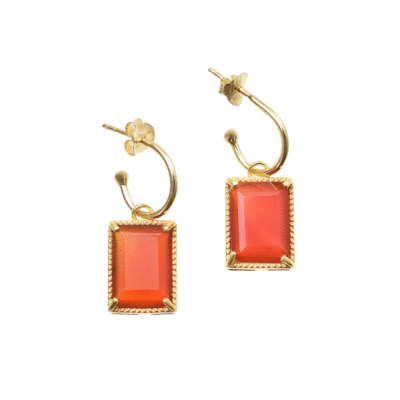 Handmade earrings made of gold plated silver 925 and natural carnelian gemstones in rectangle shape. Buy online shop.