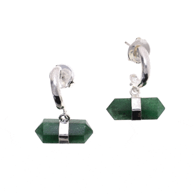 Handmade earrings made of natural aventurine gemstone, in a cylindrical octahedral shape with double point and silver plated hypoallergenic metal. Buy online shop.
