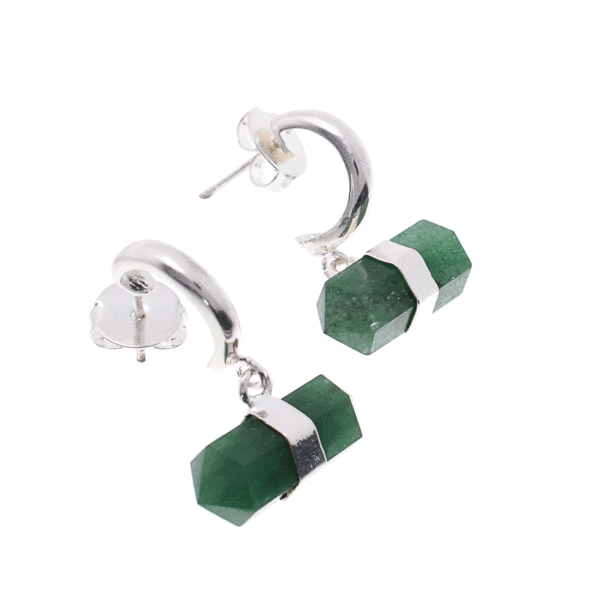 Handmade earrings made of natural aventurine gemstone, in a cylindrical octahedral shape with double point and silver plated hypoallergenic metal. Buy online shop.