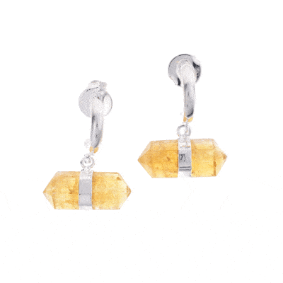 Handmade earrings made of citrine quartz gemstone, in a cylindrical octahedral shape with double point and silver plated hypoallergenic metal.  Buy online shop.