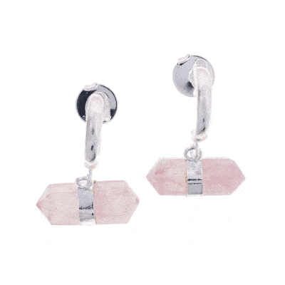 Handmade earrings made of natural rose quartz gemstone, in a cylindrical octahedral shape with double point and silver plated hypoallergenic metal. Buy online shop.