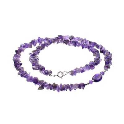 Handmade necklace made of natural amethyst and faceted hematite gemstones. The necklace has a sterling silver clasp. Buy online shop.