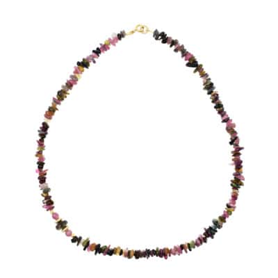 Handmade necklace made of natural tourmaline gemstones in irregular, wheel and spherical shape. The necklace has decorative elements made of gold-plated silver 925. Buy online shop.
