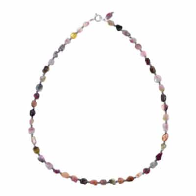 Handmade necklace made of sterling silver and natural pebble shaped tourmaline gemstones. The necklace is decorated with faceted hematite gemstone wheels. Buy online shop.