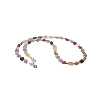 Handmade necklace made of sterling silver and natural pebble shaped tourmaline gemstones. The necklace is decorated with faceted hematite gemstone wheels. Buy online shop.